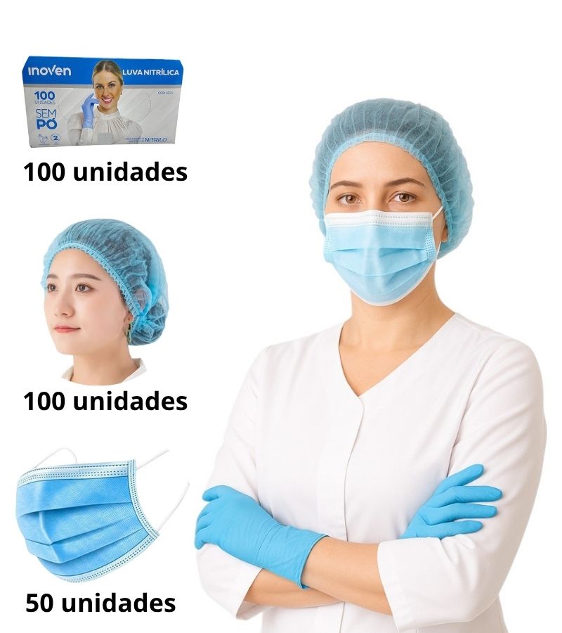 Kit Luva Nitrílica Azul - P, Máscara Tripla e Touca TNT Azul - Imagem 2