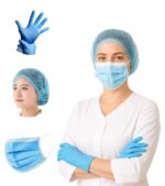 Kit Luva Nitrílica Azul - P, Máscara Tripla e Touca TNT Azul