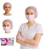 Luva Nitrílica Rosa 100, Touca Rosa 100 e Máscara Rosa 50