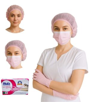 Luva Nitrílica Rosa 100, Touca Rosa 100 e Máscara Rosa 50